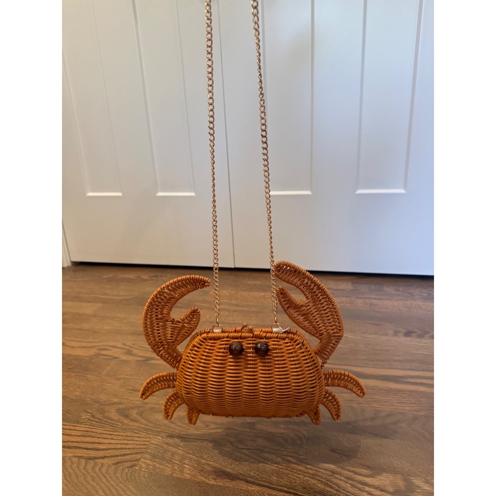 Novelty Crab Wicker Clutch Bag Gold Chain Strap Coastal Summer Beach Crossbody - Picture 9 of 9